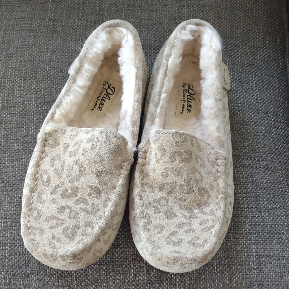 Leather And Shearling Dearfoams Beige Leopard Print Slippers/Driving Shoes